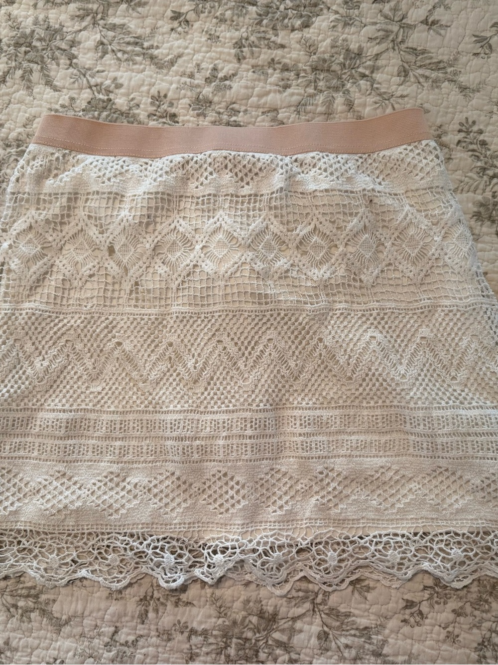 American Eagle Outfitters White Crochet Mini Skirt with Blush Waistband